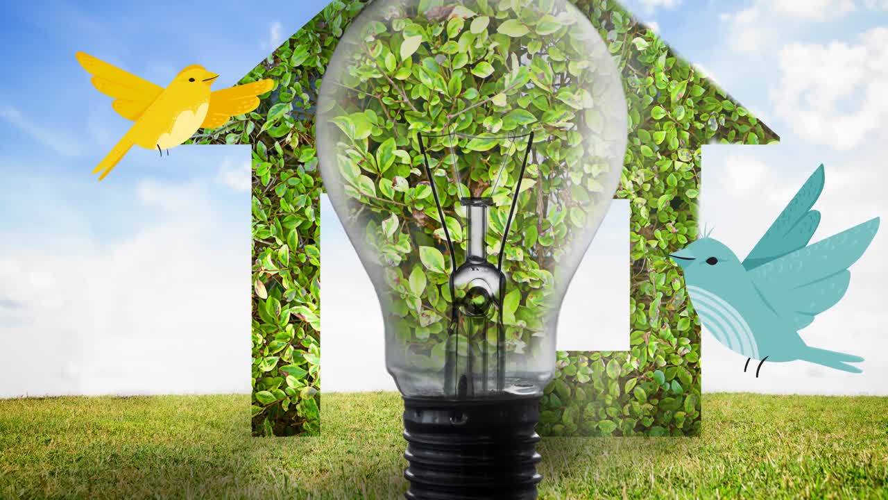 animación digital de pájaros moviéndose sobre plantas en bulbo y casa contra el cielo azul