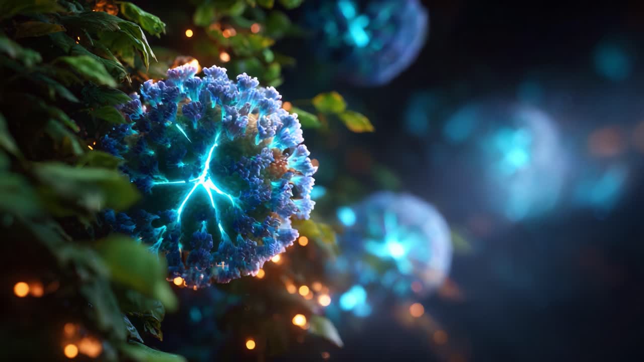 Dynamisk gengivelse af en levende blå mikrobiel sfære, der er oplyst af elektriske gnister og omgivet af frodigt grønt i et mystisk miljø