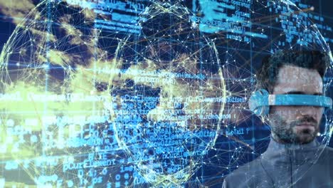 animación del procesamiento de datos sobre el hombre que usa auriculares vr en el cielo con nubes