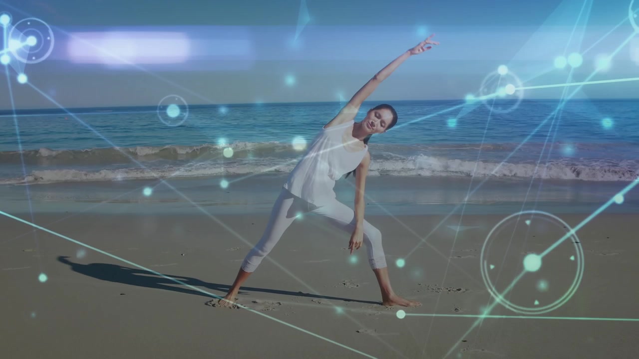 Animation of connections over woman practicing yoga on beach at sunset