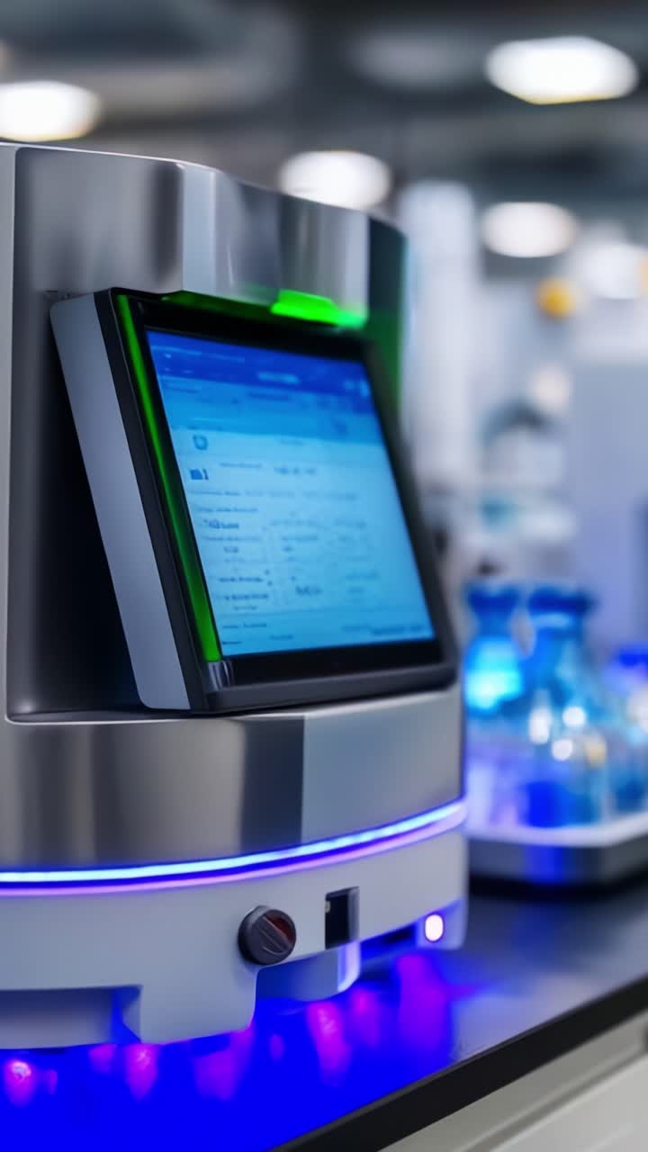 Equipamiento de laboratorio avanzado con interfaz de pantalla táctil que muestra resultados analíticos en un entorno moderno de investigación científica