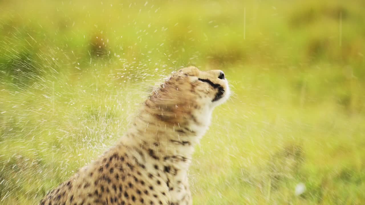 movimiento lento de animales de guepardo en la lluvia, lloviendo en la temporada de lluvias, secando y sacudiendo la cabeza para secarse, húmedo retrato de animal de cerca con salpicaduras de agua en masai mara, áfrica en safari de vida silvestre