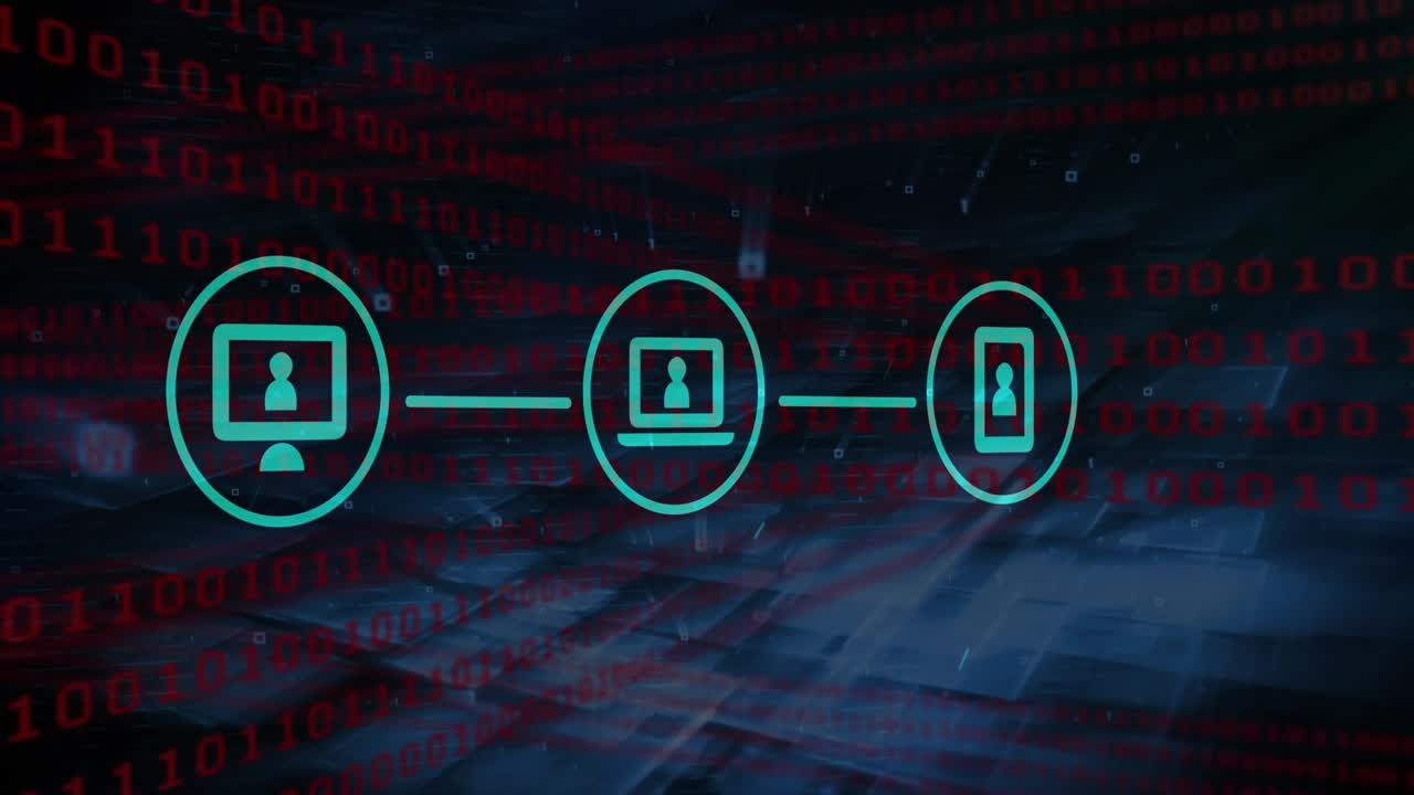 Animation of binary code network of connections with online security padlock over dark background