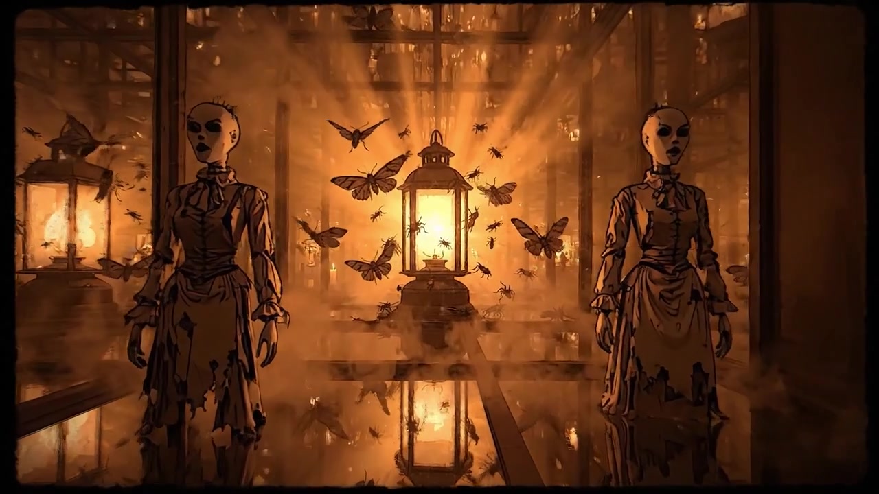 Mysterious Immersive Environment Featuring Silhouetted Figures and Glowing Lantern Surrounded by Swarming Insects in an Ethereal Setting of Light and Shadows