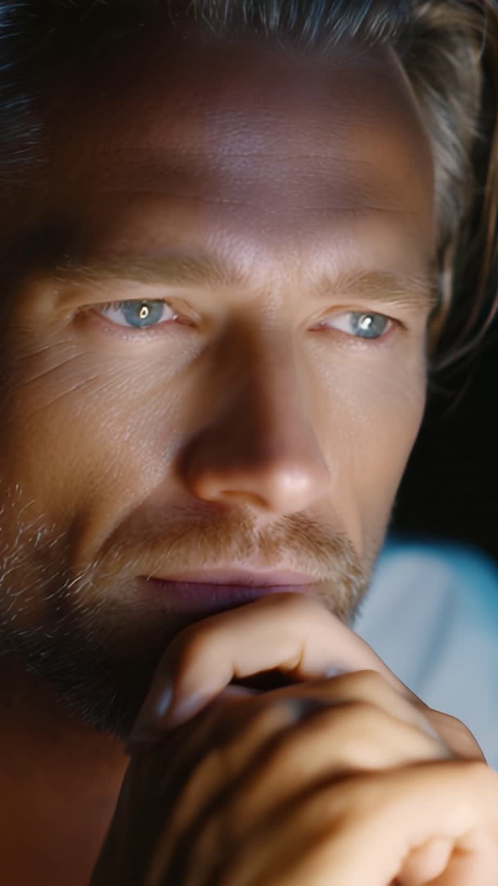 Contemplative Man with Intense Gaze Reflecting Deep Thoughts in a Dimly Lit Setting, Conveying Emotion and Intrigue Through His Expressions and Body Language