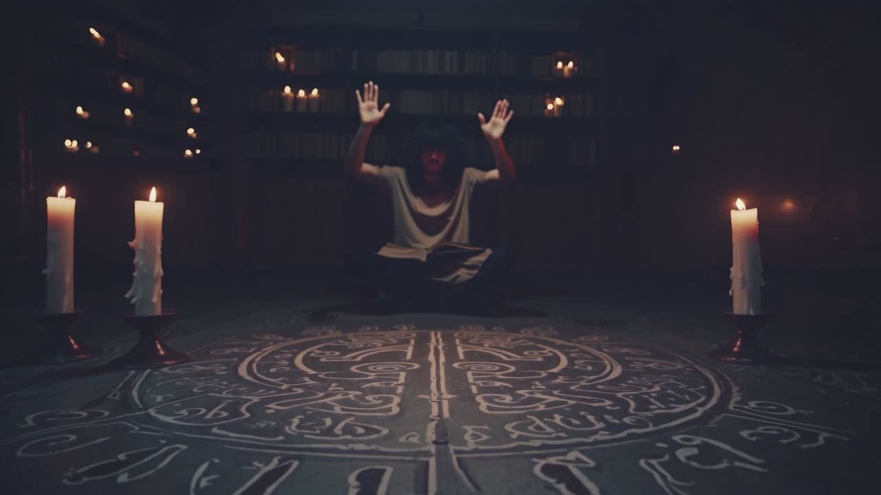 Male practitioner engages in a mystical ritual, illuminated by candlelight, with hands raised and an open book, creating an atmosphere of spirituality and mystery