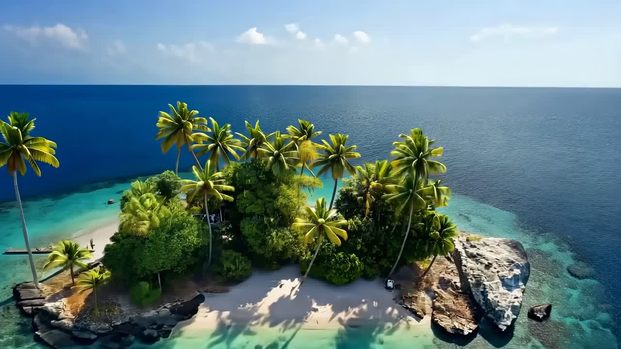Un vídeo aéreo captura una isla tropical con exuberantes palmeras y aguas cristalinas, mostrando un entorno sereno.