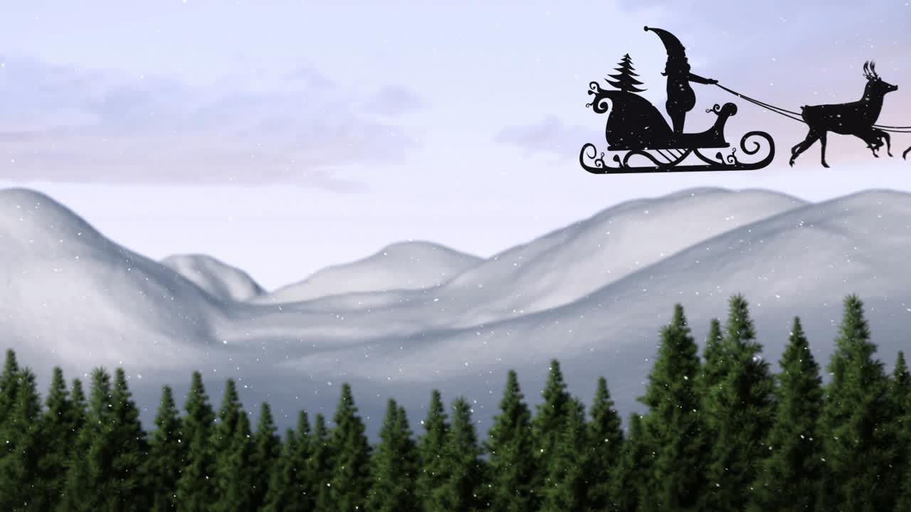 Animation of santa claus in sleigh with reindeer over snow falling and winter landscape