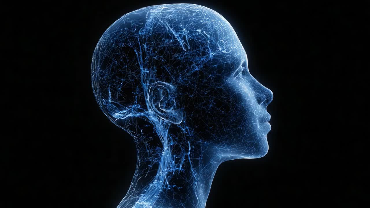 Una representación futurista de una figura de inteligencia artificial que muestra intrincadas redes y líneas brillantes que simbolizan tecnología avanzada y rasgos humanoides.