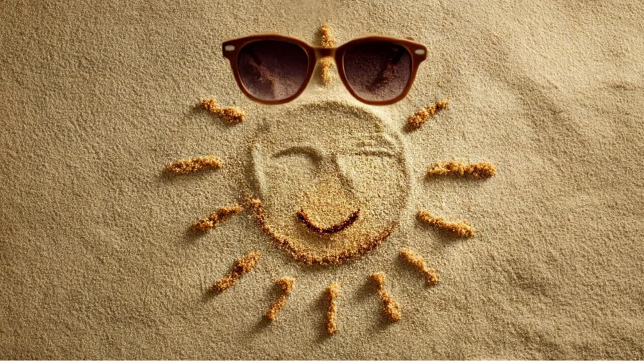 Design del sole realizzato con granelli sulla sabbia. Un design creativo di un sole fatto con granelli si trova su una superficie sabbiosa. Degli occhiali da sole aggiungono un tocco divertente all'opera d'arte.