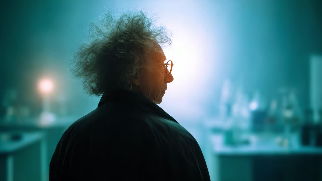 A contemplative figure with wild hair stands in a dimly lit laboratory, surrounded by glassware and glowing lights, lost in thoughts about scientific discoveries
