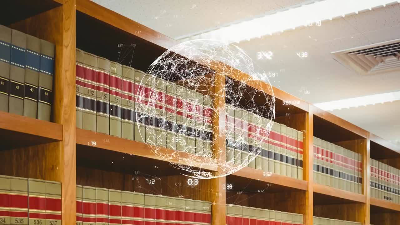 도서관에서 책과 함께 선반에 연결의 네트워크와 함께 지구의 애니메이션