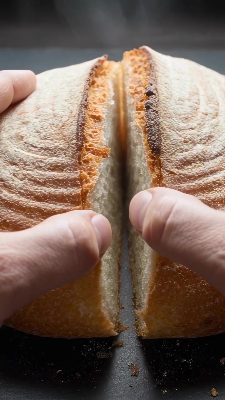 Vertical video: Pressing hands pulling open round loaf on dark tray at home, revealing crumb