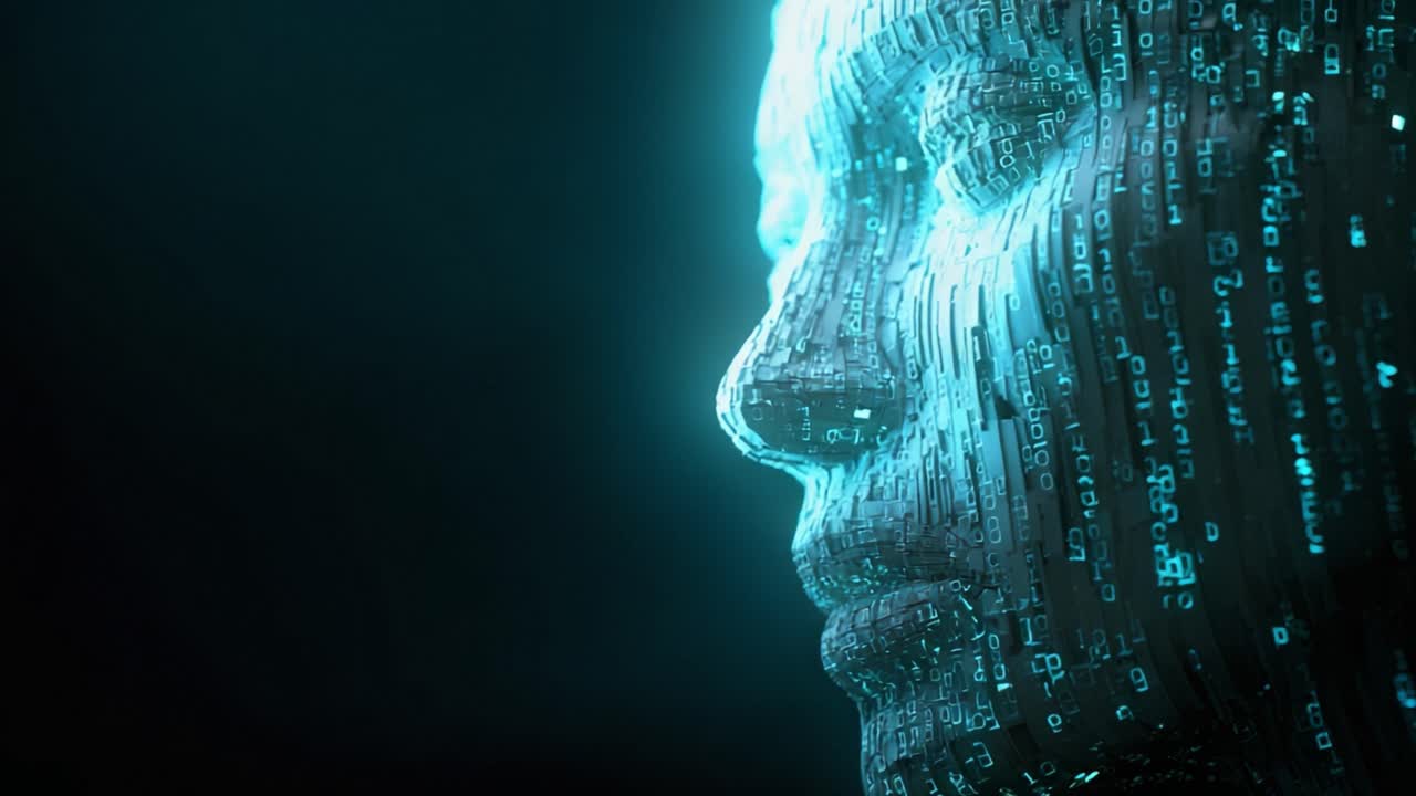 Profile of a futuristic human head made of glowing binary code and abstract geometry, representing concepts of artificial intelligence, machine learning, deepfake technology, and data processing