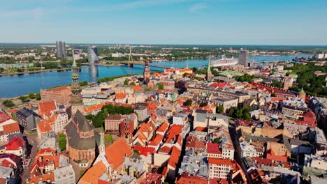 drone glides sideways revealing riga old rooftops and daugava in bright summer