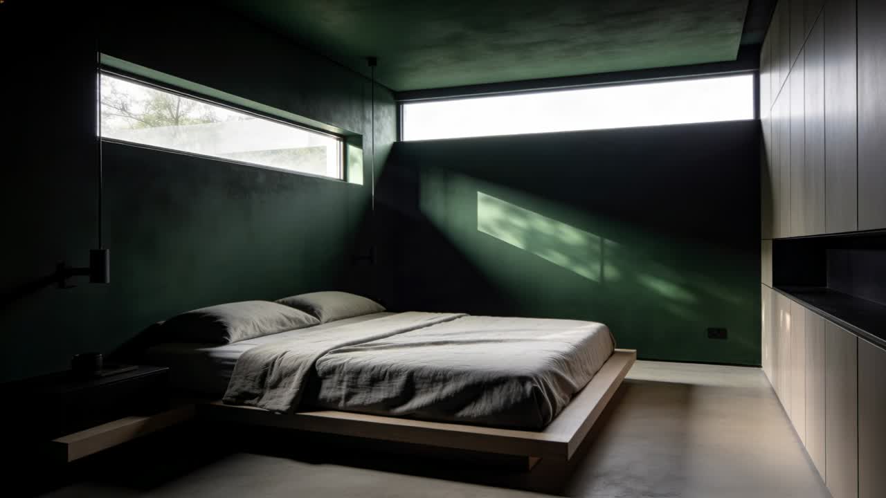 Sole dell'alba che entra dalla finestra scorre sulla parete, proiettando l'ombra del montante, illuminando il letto, segnando il tempo, design.