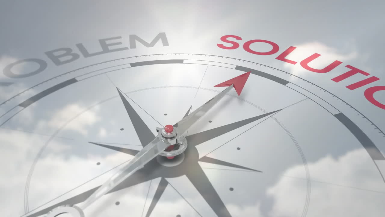 Compass needle pointing towards solution with problem in school animation background