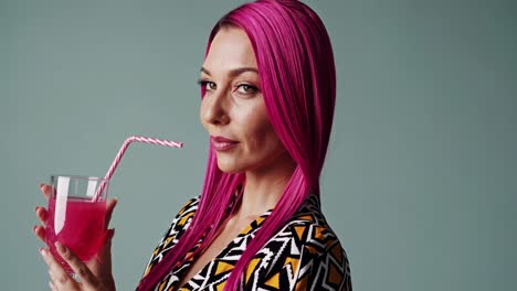 woman with pink hair drinking juice