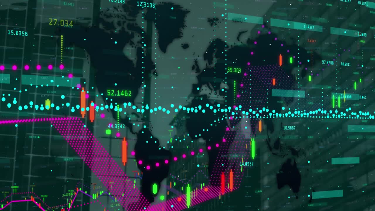 세계 지도와 현대적인 사무실 건물에서 금융 데이터 처리의 애니메이션