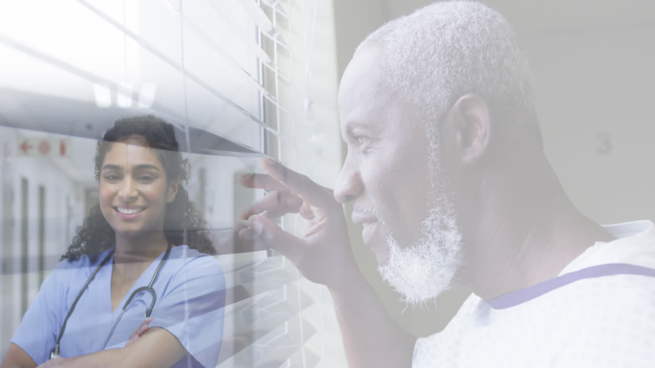 Composite of smiling senior man looking out of window, and smiling female doctor in hospital