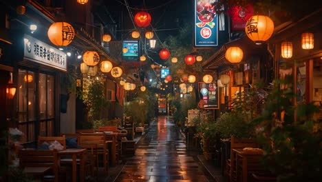 cozy illuminated asian alleyway with traditional lanterns at night