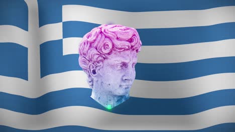 animation of antique head sculpture over greek flag background