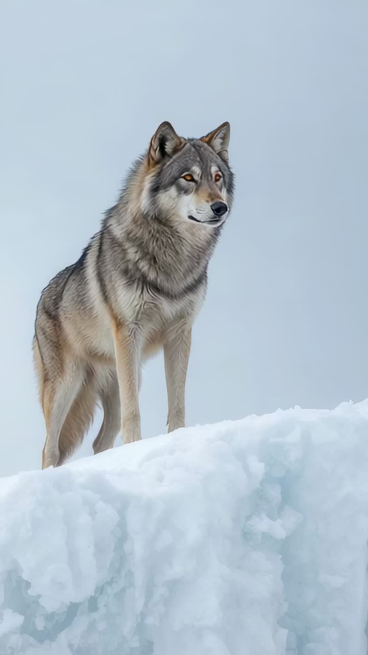 Vertical video: Lifting head, adult gray wolf holding position on snow-ice ridge, scanning horizon