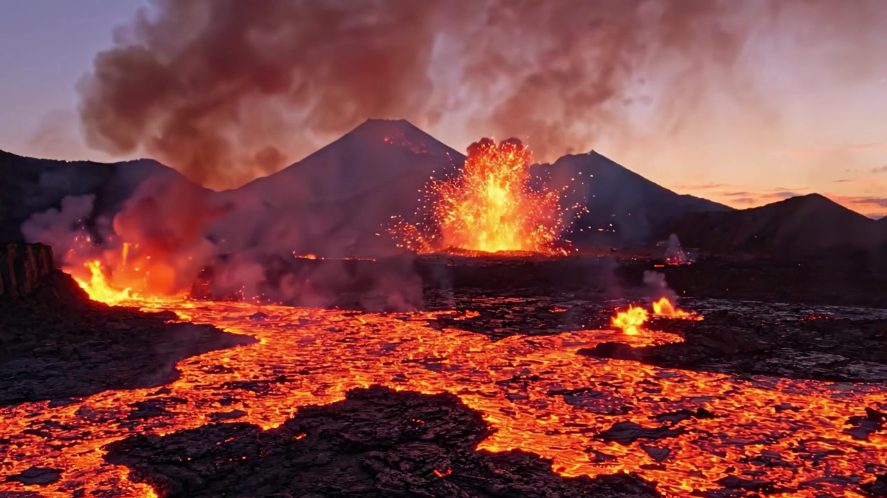 Majestic Eruption: Volcanic Activity Displays Fiery Lava Flow Amidst Smoky Atmosphere, Highlighting Nature's Raw Power and Beauty at Dusk