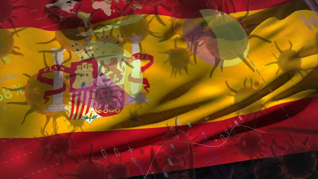 Arka planda dalgalanan İspanyol bayrağı ile yayılan makro koronavirüs.