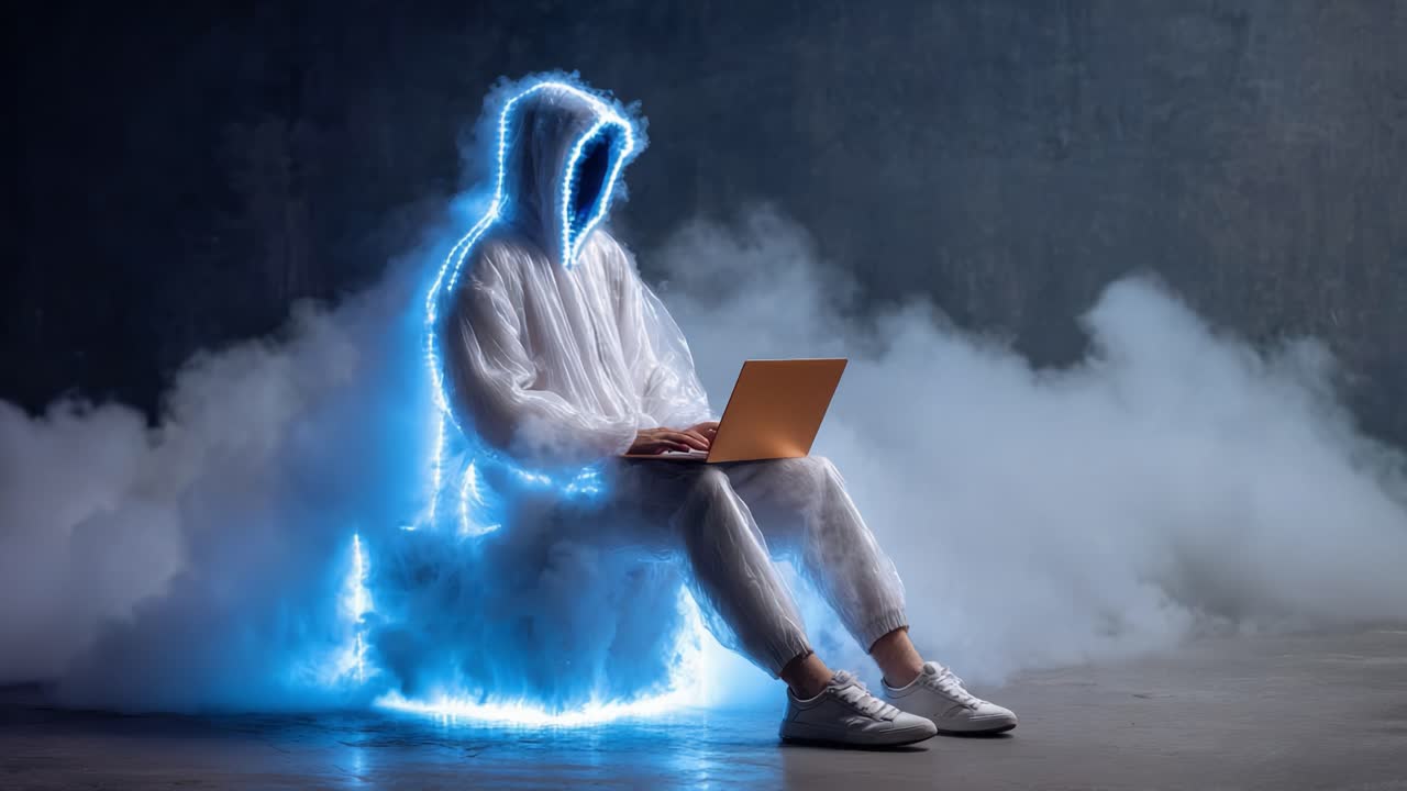 A futuristic figure cloaked in ethereal light sits amidst swirling fog, immersed in digital creation on a laptop, blending technology and imagination in a dreamlike atmosphere