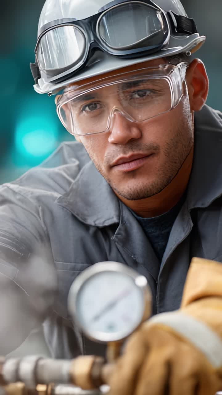 Focused Technician in Protective Gear Working on Equipment with Gauges, Ensuring Safety and Precision in an Industrial Environment