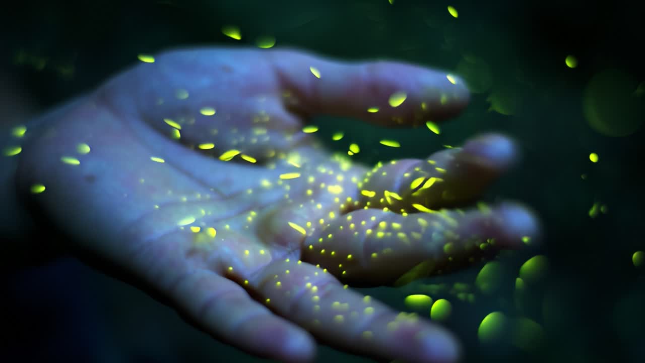 Captivating Glow: A Hand Releasing Enchanted Particles, Symbolizing Freedom and Connection to Nature, Illuminated by Shimmering Light in a Mystical Environment