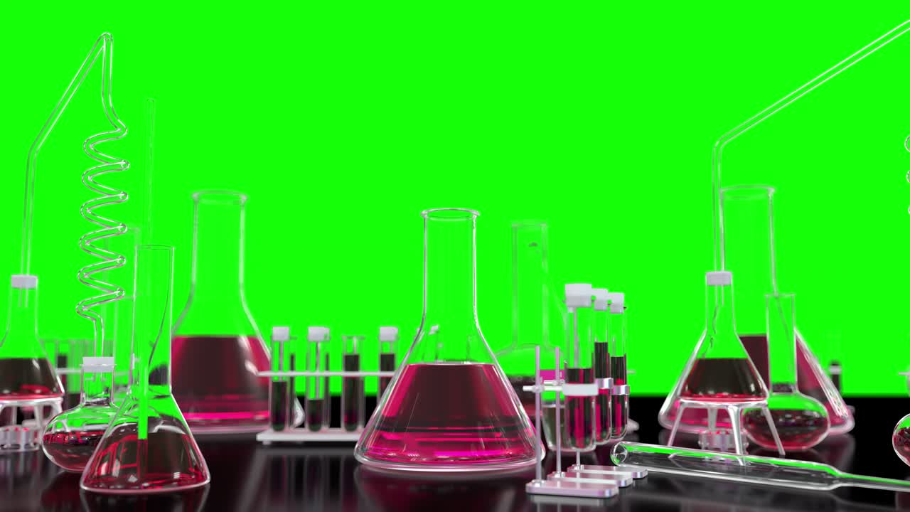 Test tubes and other laboratory glassware scroll seamless loop on green, medical covid vaccine background - 60FPS 4K UHD 3D loopable animation