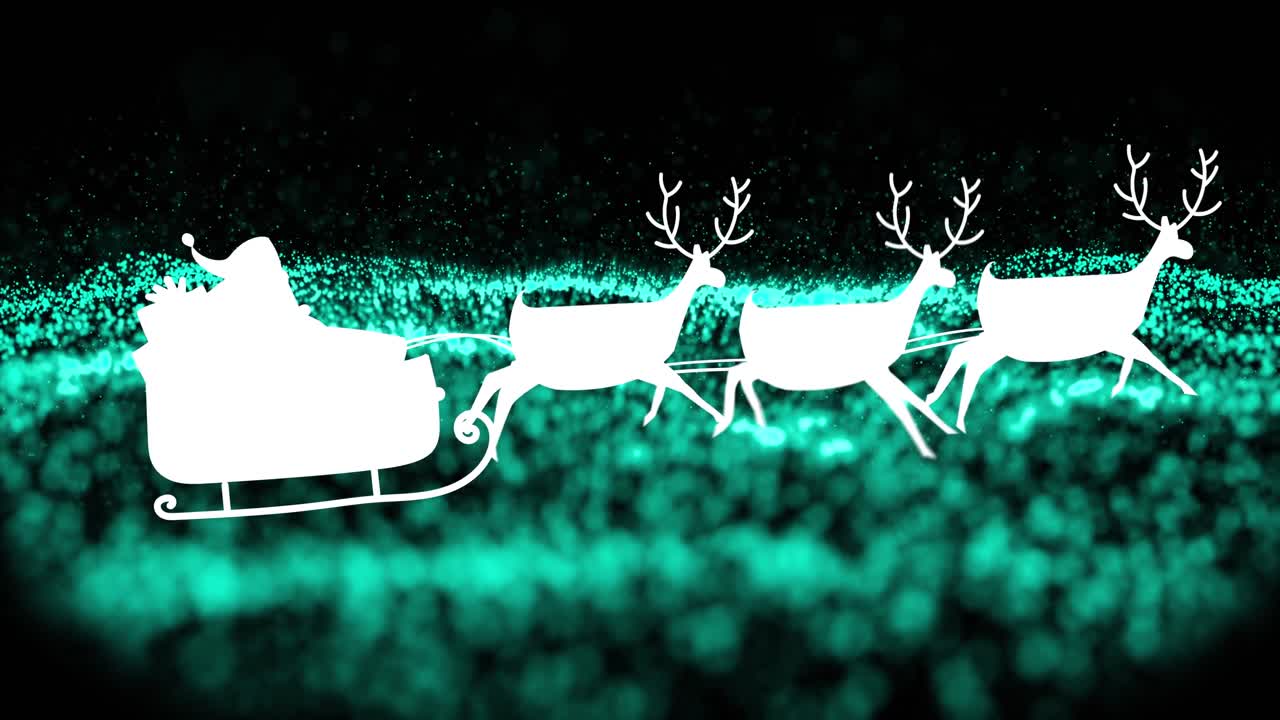animación de santa claus en trineo con renos sobre la nieve cayendo sobre un fondo negro y verde