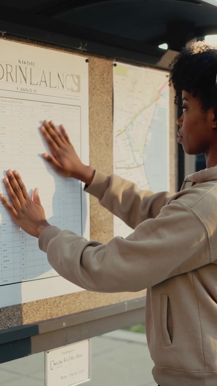 Vertical video: Smoothing hoodie rider pressing map to read as breeze lifts it at stop, copy space