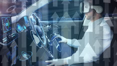 animación de pantallas de información y flechas con hombre en auriculares vr usando coche de conducción autónoma