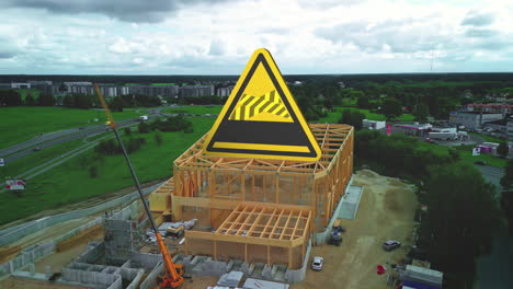 una señal triangular amarilla de tamaño considerable colocada encima del marco estructural de un edificio en construcción - disparo aéreo de drone