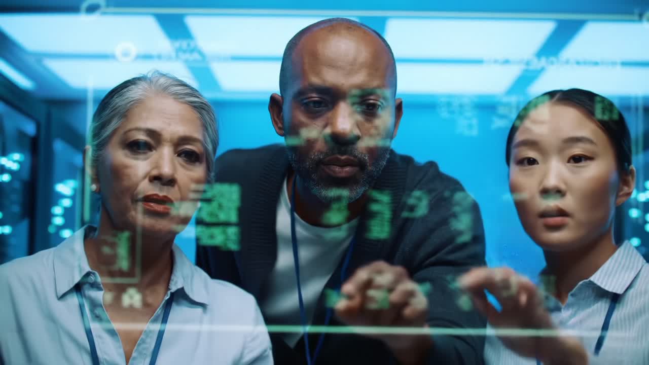 A Diverse Team Collaborates in a Technology-Driven Environment Analyzing Advanced Data Displays on a Holographic Interface for Innovative Solutions