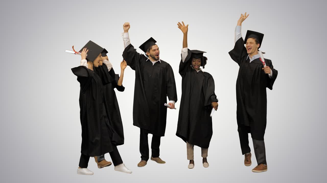 amigos felices graduados unen las manos juntos el concepto de un equipo amistoso en fondo gradiente