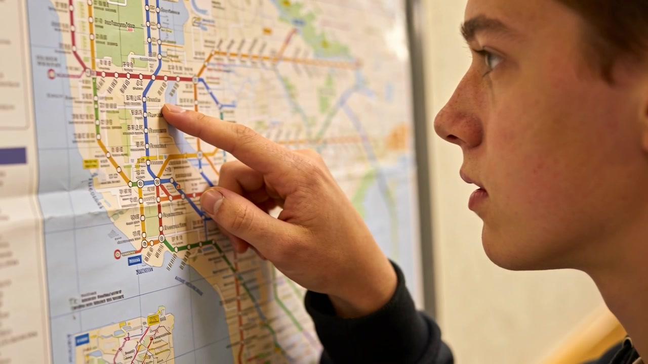 Touching map, teen in coat tracing with index finger on school hallway, finding station, copy space