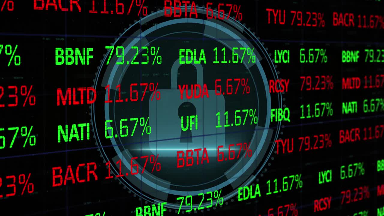 검은색 배경에 대한 증권 시장 데이터 처리 및 보안 락의 애니메이션