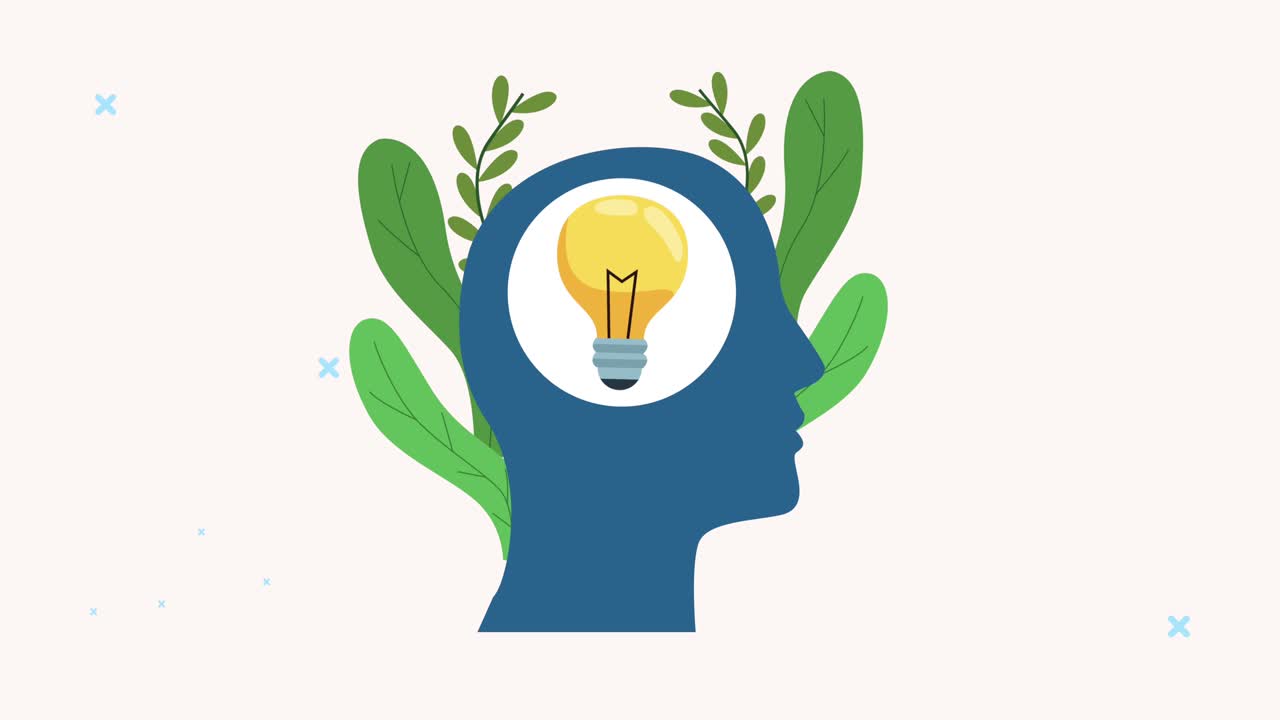 animación de salud mental con silueta de perfil y bombilla