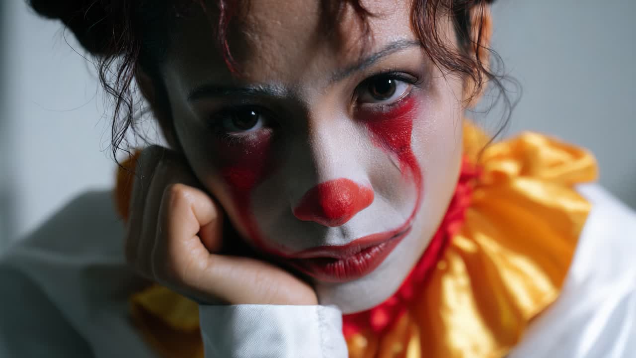 Un ritratto accattivante di un clown con un'espressione pensierosa, che mette in mostra un vivace trucco sul viso e un costume coinvolgente che cattura emozione e mistero