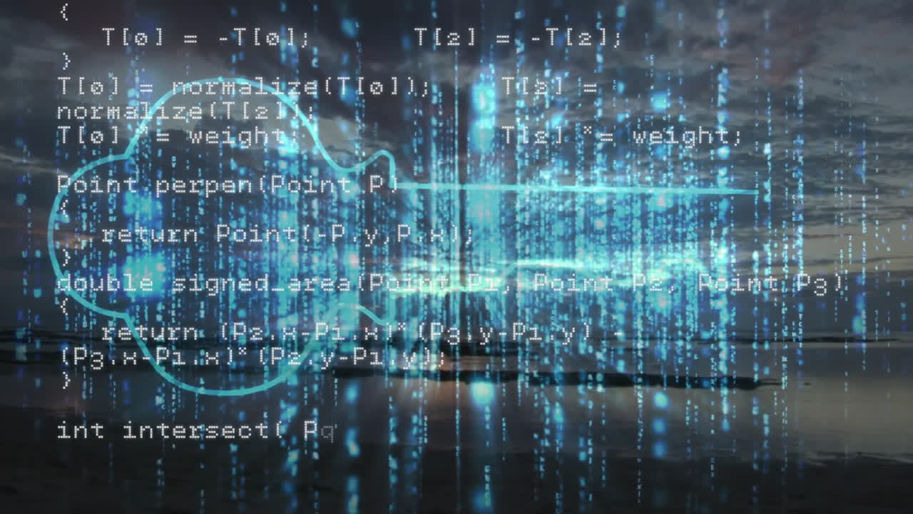 Digital code and data processing animation over abstract blue light patterns