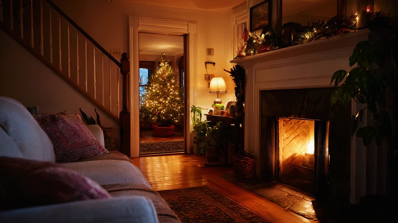 A Cozy Evening Scene Capturing the Warmth and Tranquility of a Christmas Living Room, Featuring a Flickering Fireplace, Elegant Decor, and a Beautifully Adorned Christmas Tree