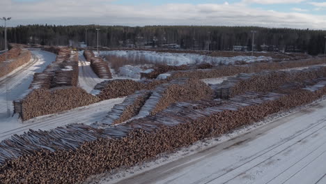 stunning cinematic shot circling around a timber yard in a cold snowy place