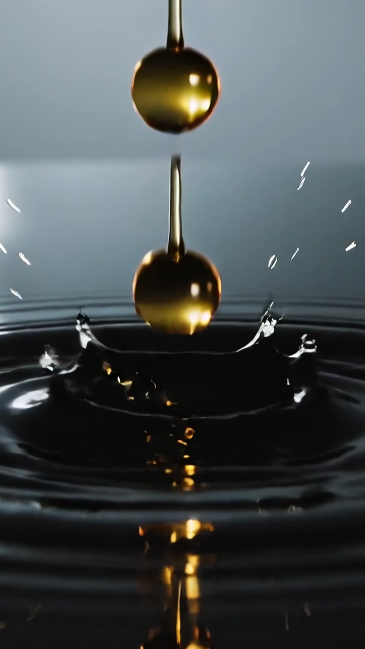 Nozzle releasing golden drops, lower drop hitting pool, forming crown splash and ripples for design