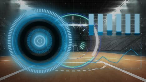 animación del escáner redondo y la interfaz con el procesamiento de datos contra una cancha de baloncesto vacía