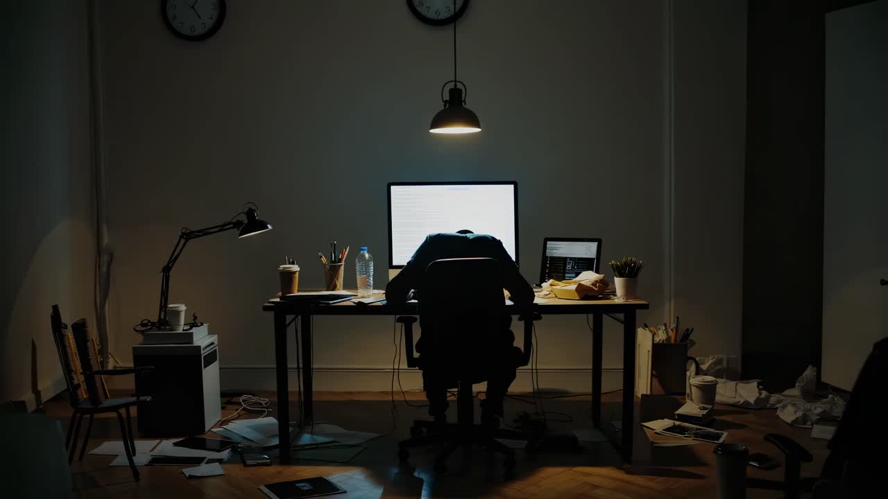 profesional frustrado que experimenta un agotamiento intenso en el lugar de trabajo, agachado en un escritorio desordenado con computadora, rodeado de oscuridad, agotamiento mental visible a través de la superposición de texto parpadeante