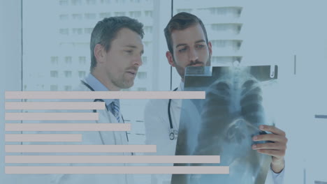 doctors examining x-ray with bar chart animation over medical data analysis